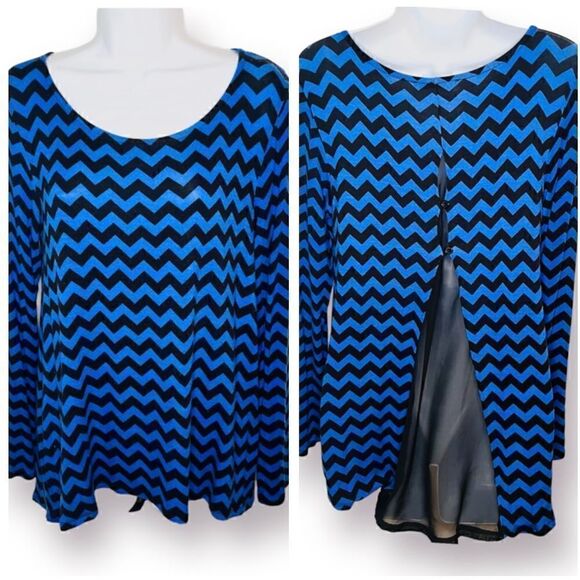 Shanley Chevron Mesh Back Casual Long Sleeve Top Hi Lo Hem Royal Blue Black M - Picture 1 of 12